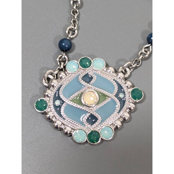 Lia Sophia Stained Glass Green Enamel Silver Tone Necklace Boho Tribal 22 in - Picture 4 of 9